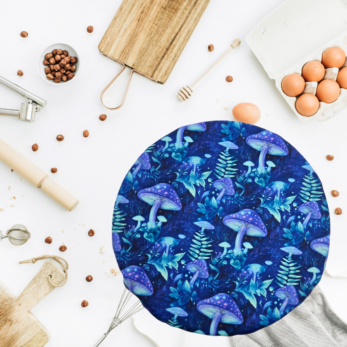 Extra-large sourdough proofing cover with mystic mushroom print—reusable for banneton baskets, brotforms, and bread bowls