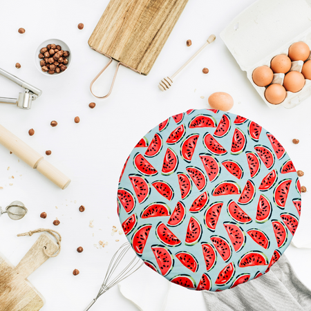 Eco-friendly XL proofing cover with watermelon fabric—reusable for brotforms, bannetons, and sourdough dough bowls.